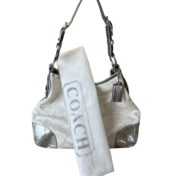 Coach Peyton Silver & White Monogrammed Signature Jacquard Hobo Bag w/ Duster - Picture 2 of 14